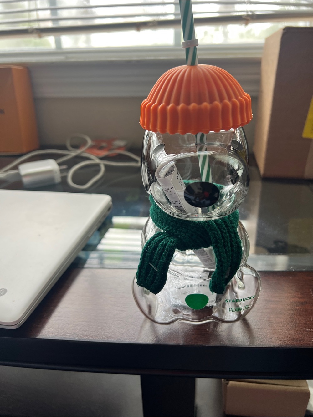 Starbucks Snoopy Glass Drink Tumbler with Green Scarf